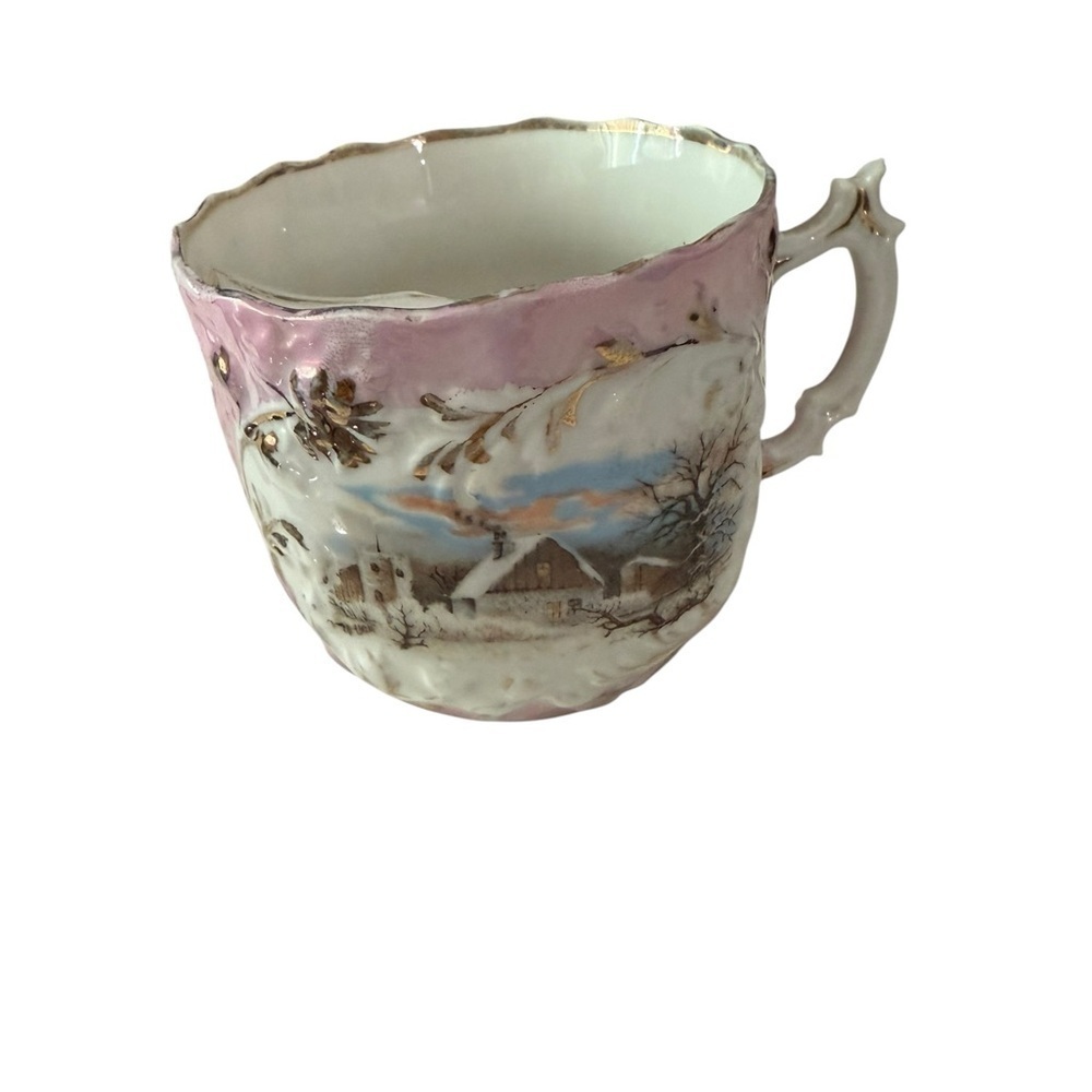 Mustache Cup Unbranded pink with Gold Trim Winter snow scene with House Vintage